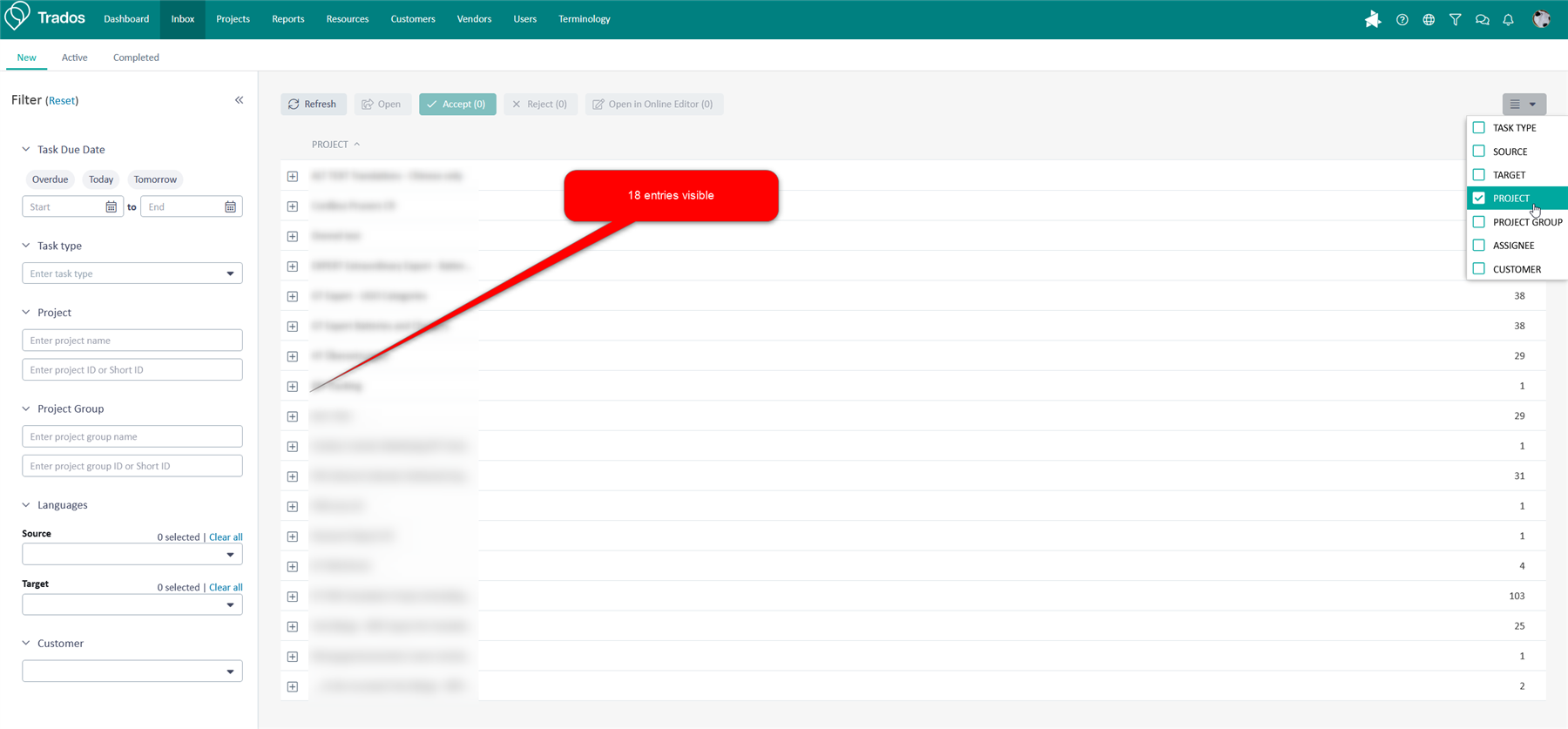 Trados Enterprise inbox showing 18 entries grouped by project, with a red annotation highlighting the number of entries.