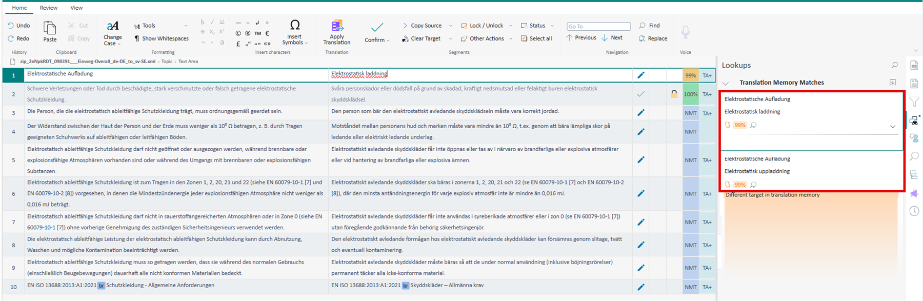 Screenshot of Trados Online Editor showing a table with translation segments, including source and target text columns. A lookup panel on the right displays translation memory matches.