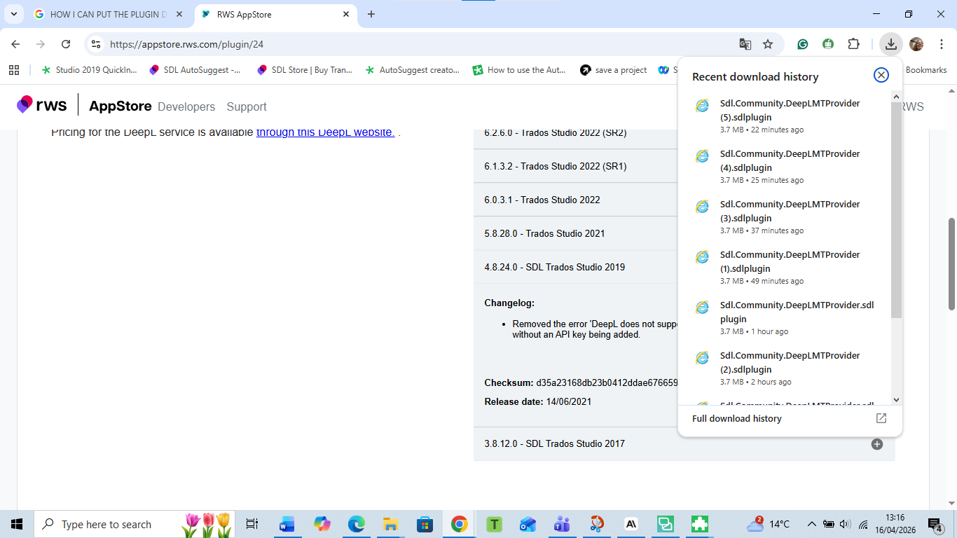 Screenshot of the RWS AppStore page showing available DeepL plugins for Trados Studio versions, a changelog, and a recent download history panel with multiple plugin downloads listed.