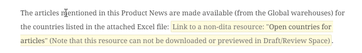 Text indicating that articles mentioned in Product News are available for countries listed in an attached Excel file, with a note that the resource cannot be downloaded or previewed in DraftReview Space.