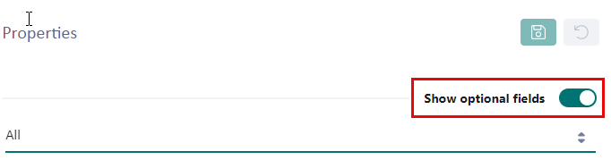 Screenshot of a Properties panel with a toggle button labeled 'Show optional fields' highlighted, indicating the feature is turned on.