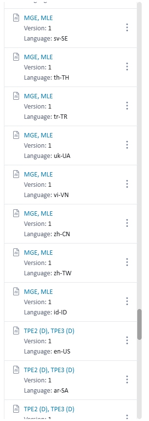 A screenshot showing a list of topics in Tridion Docs. Each entry includes a title, version number, and language code, such as 'MGE, MLE Version: 1 Language: sv-SE'.
