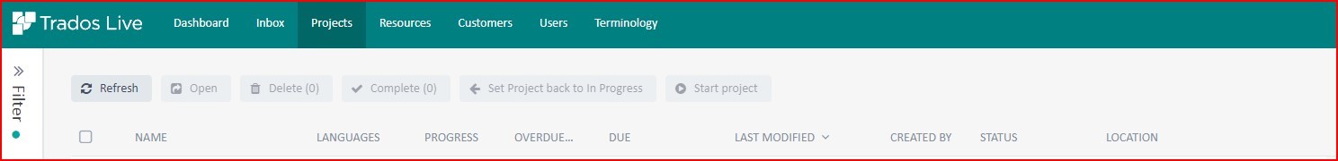 Trados Live Projects area with sortable columns Name, Due, Created, and Last Modified highlighted, other columns greyed out.