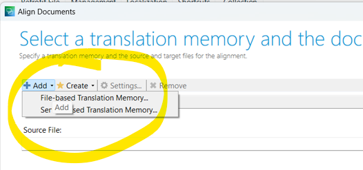 Trados Team Ideas alignment function interface showing options for 'File-based Translation Memory' and 'Server-based Translation Memory' with no option for cloud-based TM.