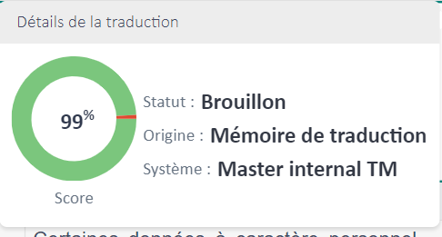 Screenshot of Trados Team Ideas pop-up showing translation details with a 99% score, status as 'Draft', and source from 'Master internal TM'.