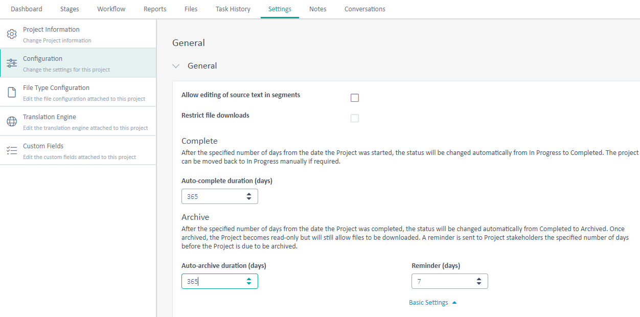 Screenshot of Trados Team Ideas project settings showing 'Auto-complete duration (days)' set to 365 and 'Auto-archive duration (days)' also set to 365 under the 'Complete' and 'Archive' sections respectively.