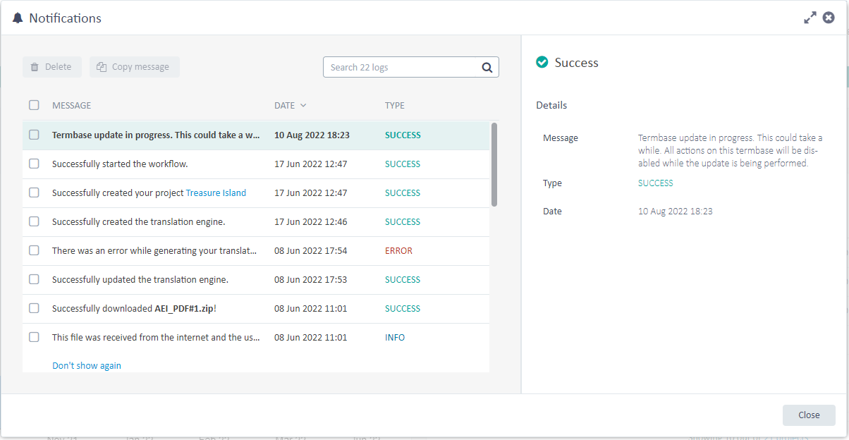 Screenshot of Trados Terminology Ideas notifications panel showing a list of messages with dates and types, including a success message for a termbase update and an error message for a translation task.