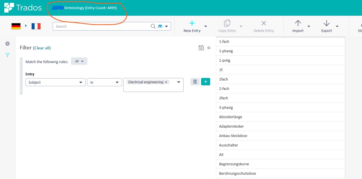 Screenshot of Trados software showing the Terminology section with an Entry Count of 4499. A filter is applied for 'Electrical engineering' in the subject field.