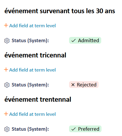 Screenshot of Trados Terminology Ideas interface showing three terms with their status. Top term 'evenement survenant tous les 30 ans' with status Admitted, middle term 'evenement tricennal' with status Rejected, and bottom term 'evenement trentennal' with status Preferred.