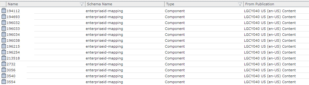 Screenshot of Tridion Sites Ideas search results displaying a list of components with names 194112, 194693, 196032, 196033, 196034, 196038, 196215, 196254, 213518, 2732, 3056, 3540, 3554, all with schema name 'enterprised-mapping' and type 'Component'.