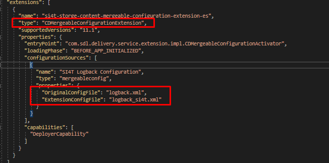 Screenshot of a JSON configuration file for Tridion Sites Ideas with highlighted sections showing 'CDMergeableConfigurationExtension' and file names 'logback.xml' and 'logback_si4t.xml'.