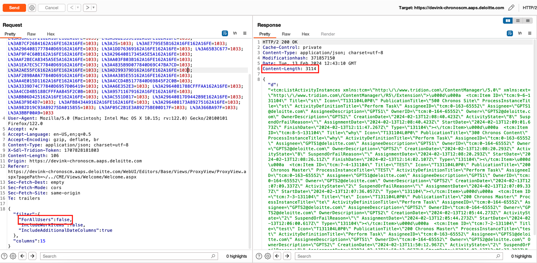 Screenshot showing a request and response in a web debugging tool. The request includes a POST parameter 'ForAllUsers' set to 'false'. The response contains JSON data with activity details.