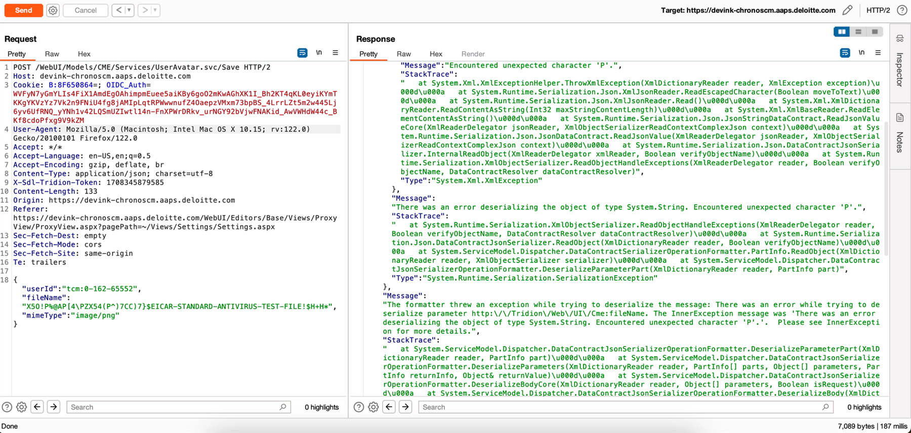Screenshot of a request and response in a debugging tool showing a detailed error message and stack trace related to deserialization issues, with specific parameters and values visible.