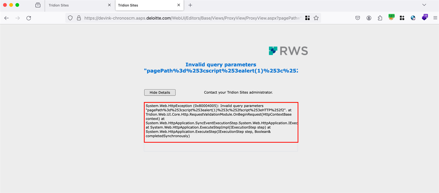 Screenshot of a Tridion Sites error page showing 'Invalid query parameters' with a detailed error message and stack trace highlighted in red.
