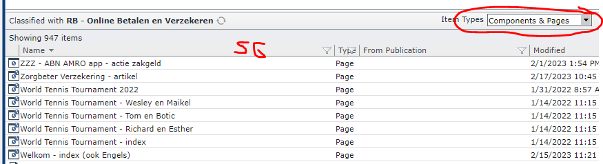 Screenshot of Tridion Sites Ideas interface showing a list of pages with a dropdown menu for 'Item Types' set to 'Components & Pages'.