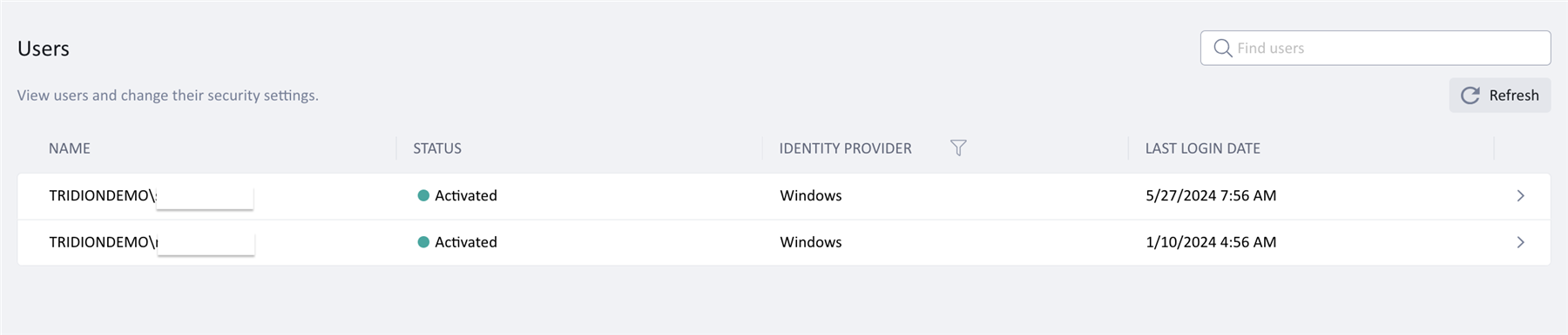 Screenshot of Tridion Sites Ideas user management interface showing a list of users with columns for Name, Status, Identity Provider, and Last Login Date. Two users are listed, both activated, with Windows as the identity provider.