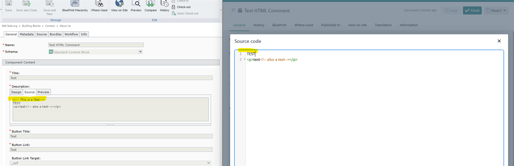 Side-by-side view of Classic UI and Experience Space showing the source code editor. HTML comments are visible in Classic UI but not displayed in Experience Space.