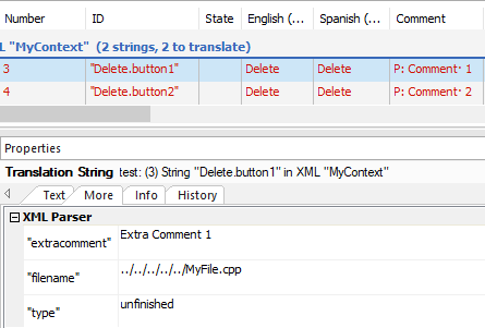 Passolo interface showing two strings with IDs 'Delete.button1' and 'Delete.button2', metadata including 'extra comment', 'filename', and 'type' under XML Parser in Properties.