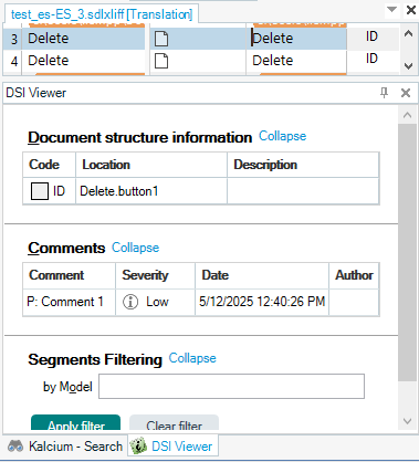 SDLXLIFF interface showing two strings with IDs 'Delete.button1' and 'Delete.button2', DSI Viewer displaying metadata for 'Delete.button1' including comment, severity, and date.