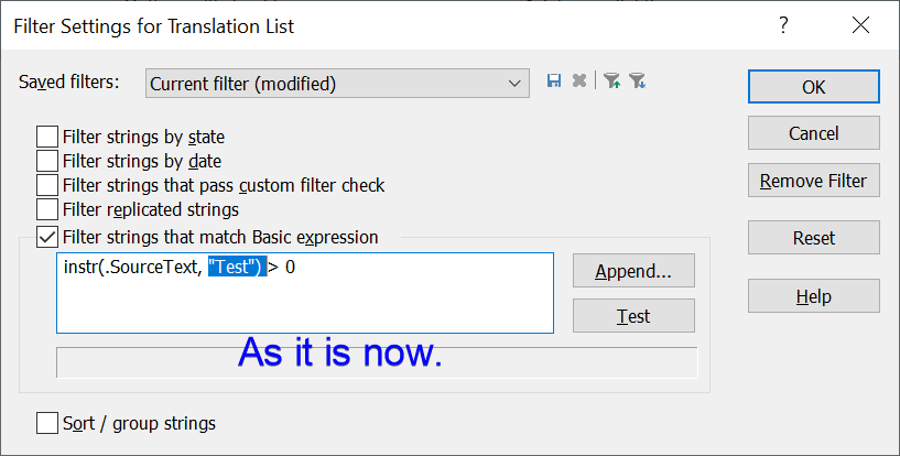 Passolo filter settings dialog showing 'instr(.SourceText, "Test") > 0' with the word 'Test' and surrounding characters highlighted, labeled 'As it is now.'