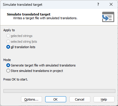 Simulate translated target dialog box with options to apply to selected strings, selected string lists, or all translation lists. Mode options are 'Generate target file with simulated translations' and 'Store simulated translations in project', with the latter option unchecked.