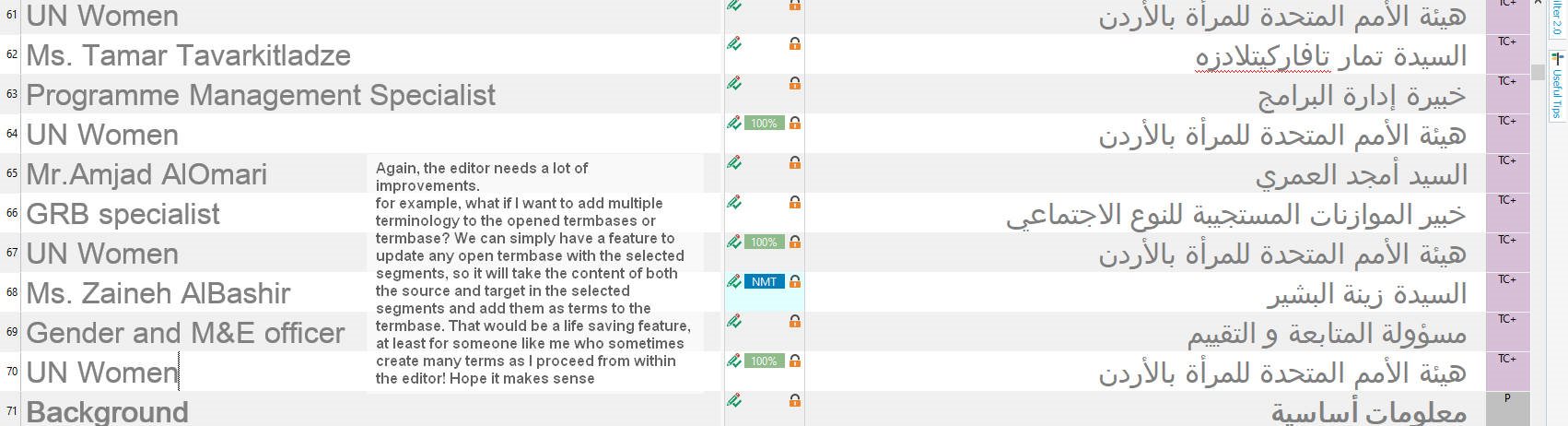 Screenshot of Trados Studio Ideas showing a comment suggesting improvements for adding multiple terminologies to termbases directly from the editor.