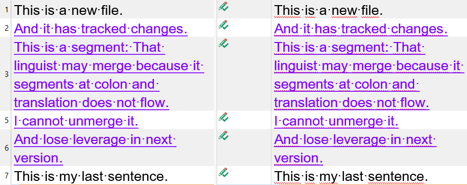 Screenshot displaying a side-by-side comparison of a text file with tracked changes before and after a segment merge.