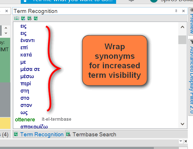 Screenshot of Trados Studio Ideas with a focus on the Term Recognition pane showing a list of terms in a single column. A red squiggly line highlights the need for a feature to wrap synonyms for better visibility.