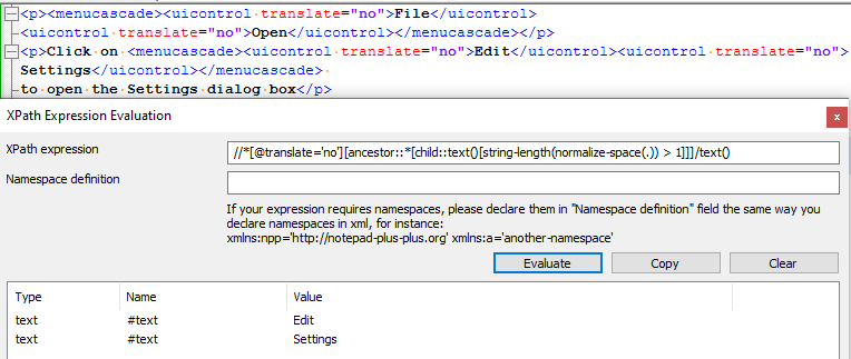 Screenshot of an XML code snippet with translate='no' attributes and XPath Expression Evaluation dialog box showing an XPath expression related to Trados Studio Ideas.