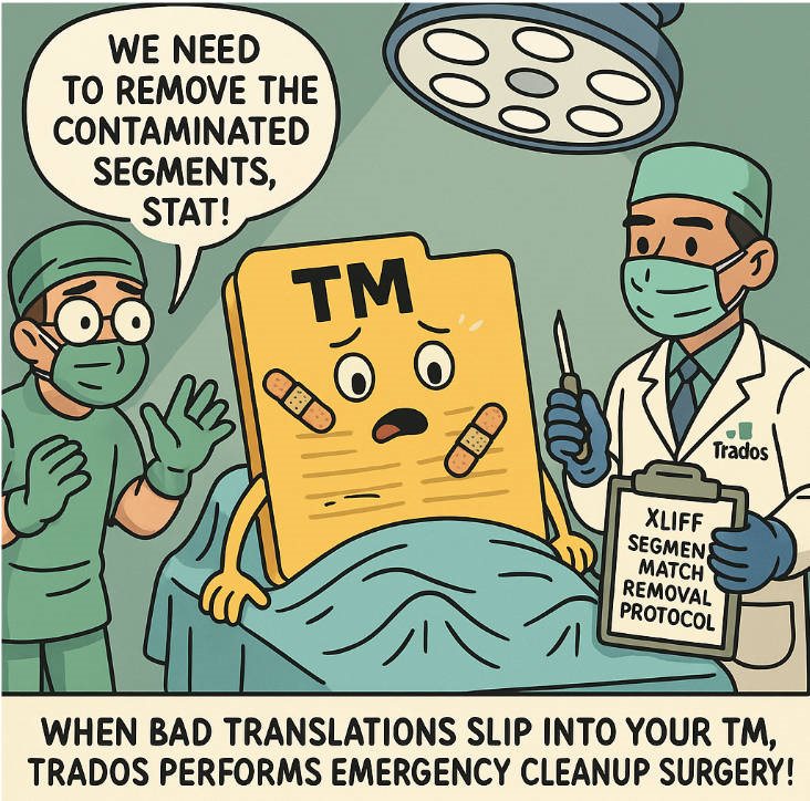 Cartoon of a worried TM file with bandages on a hospital bed, surrounded by medical staff holding a clipboard labeled 'XLIFF Segment Match Removal Protocol'. Text reads 'We need to remove the contaminated segments, stat!' and 'When bad translations slip into your TM, Trados performs emergency cleanup surgery!'.
