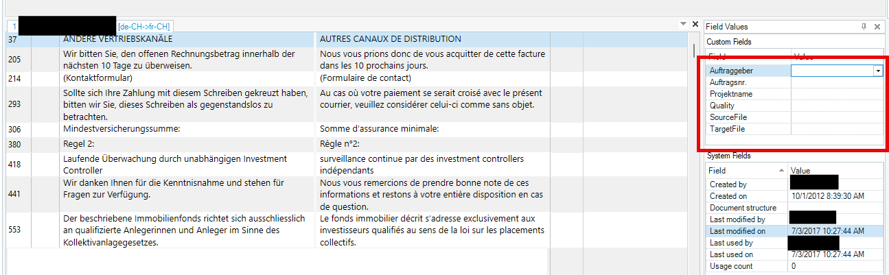 A screenshot showing a bilingual table with German and French text, alongside a 'Field Values' panel displaying custom fields such as Auftraggeber, Auftragsnr., Projektname, Quality, SourceFile, and TargetFile.