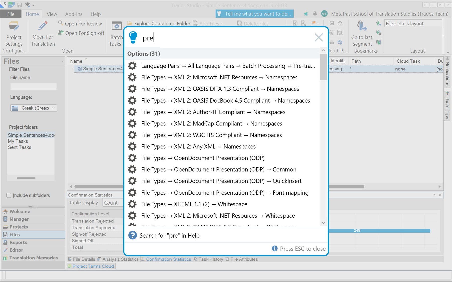 Search box in Trados Studio with the term 'pre' entered, displaying a list of 31 options including file types and namespaces.