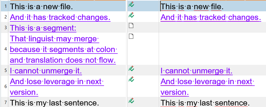 Screenshot illustrating the leverage loss in a new version of a text file due to the inability to unmerge a previously merged segment.