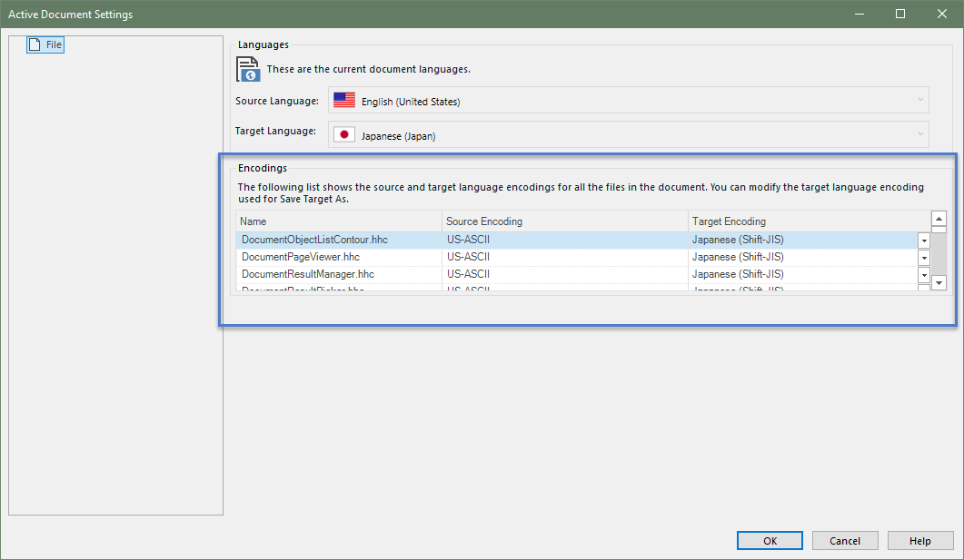Active Document Settings dialog in Trados Studio with Languages and Encodings sections. Encodings section shows a non-resizable list with three visible items, each listing file names and their source and target encodings, such as US-ASCII to Japanese (Shift-JIS).