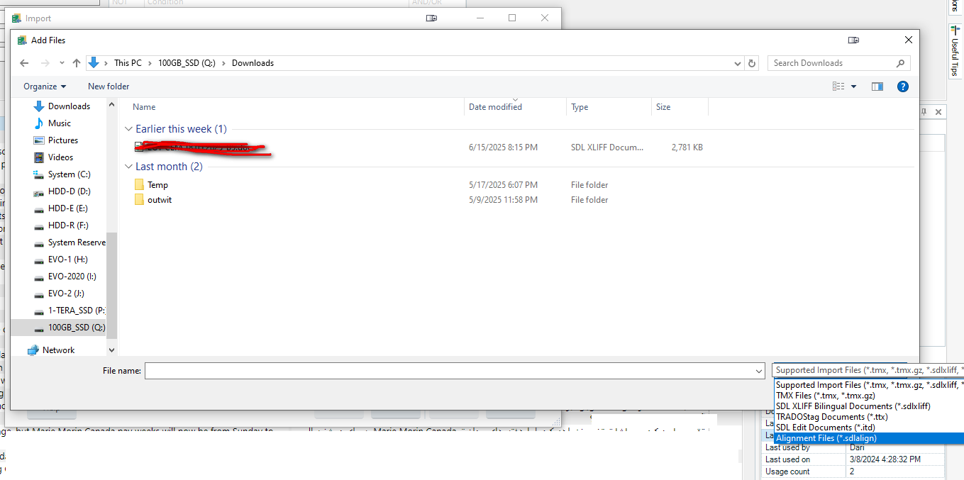 File import dialog showing a folder structure with an SDL XLIFF file selected and supported file types dropdown menu visible.