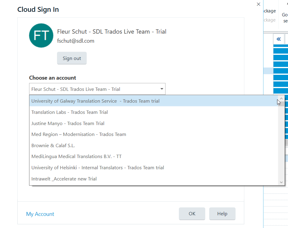 Screenshot of Trados Studio Cloud Sign In window showing a user logged in with a list of accounts to choose from, including various Trados Team trials and translation teams.