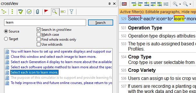 Screenshot of Across v7.0 software with a search bar containing the term 'learn'. The search results on the right-hand side show multiple instances of 'learn' highlighted in yellow within the text segments.