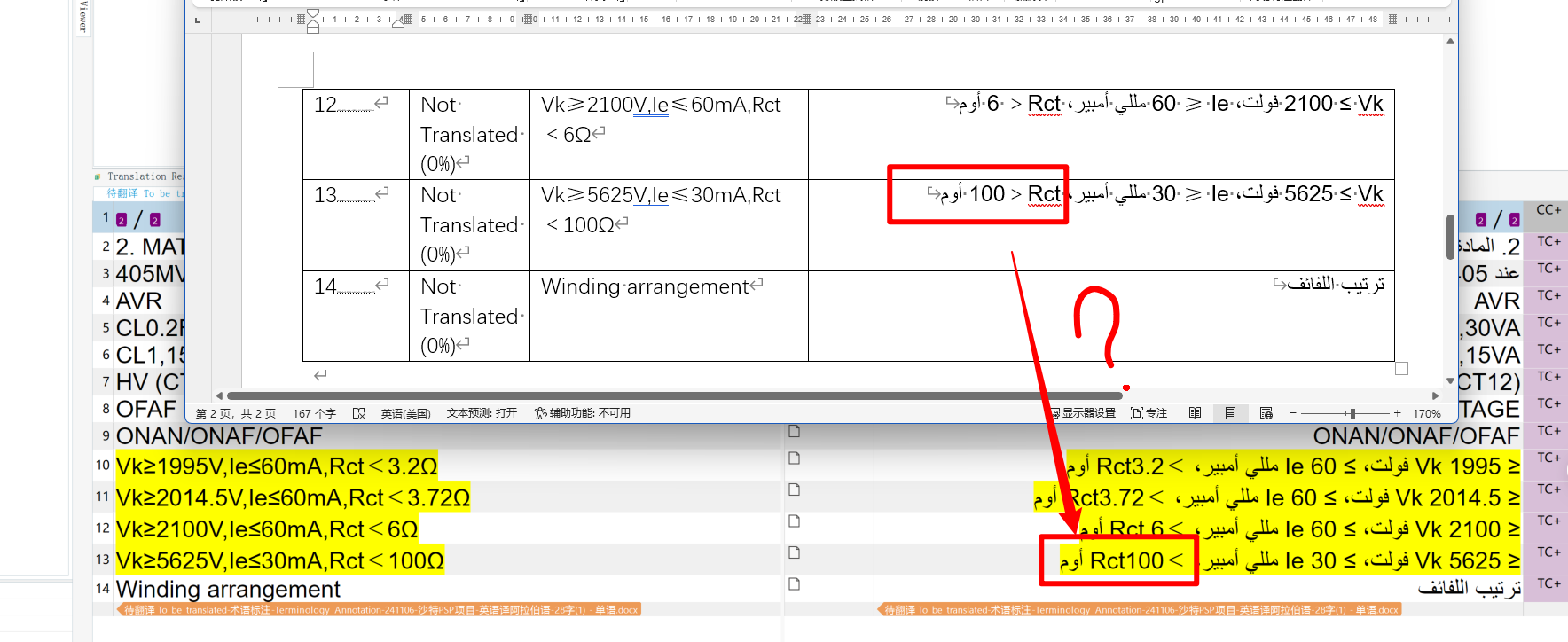 Screenshot of Trados Studio with incorrect Arabic text display. The right-to-left text order is reversed, highlighted with red boxes and question marks indicating errors.