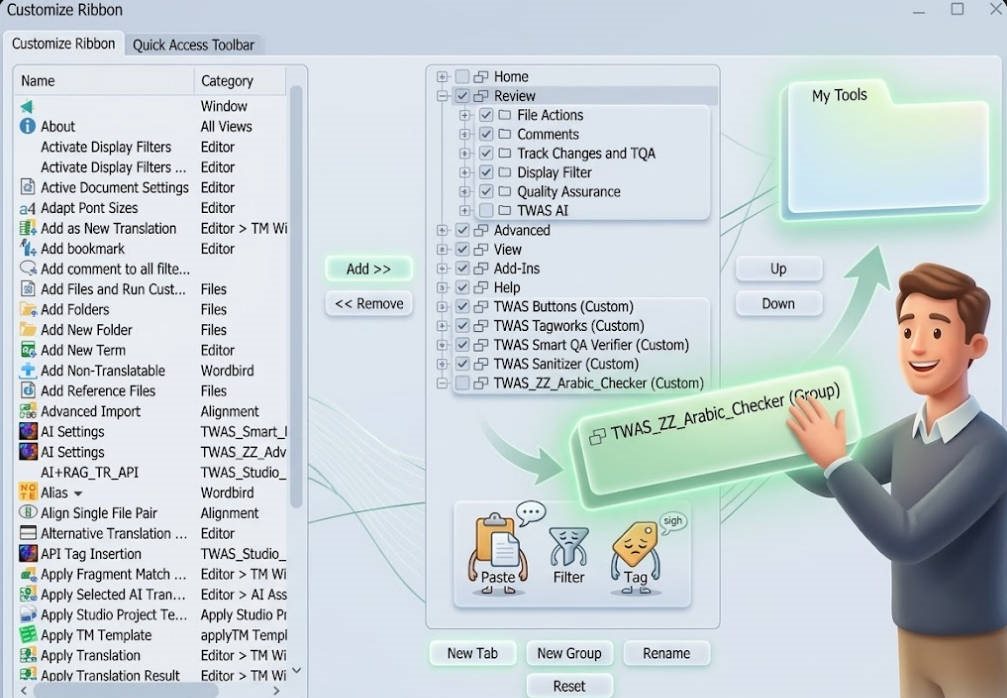 Screenshot of the Customize Ribbon interface in Trados Studio, showing a list of commands and categories on the left, ribbon tabs on the right, and a drag-and-drop action for a plugin group.