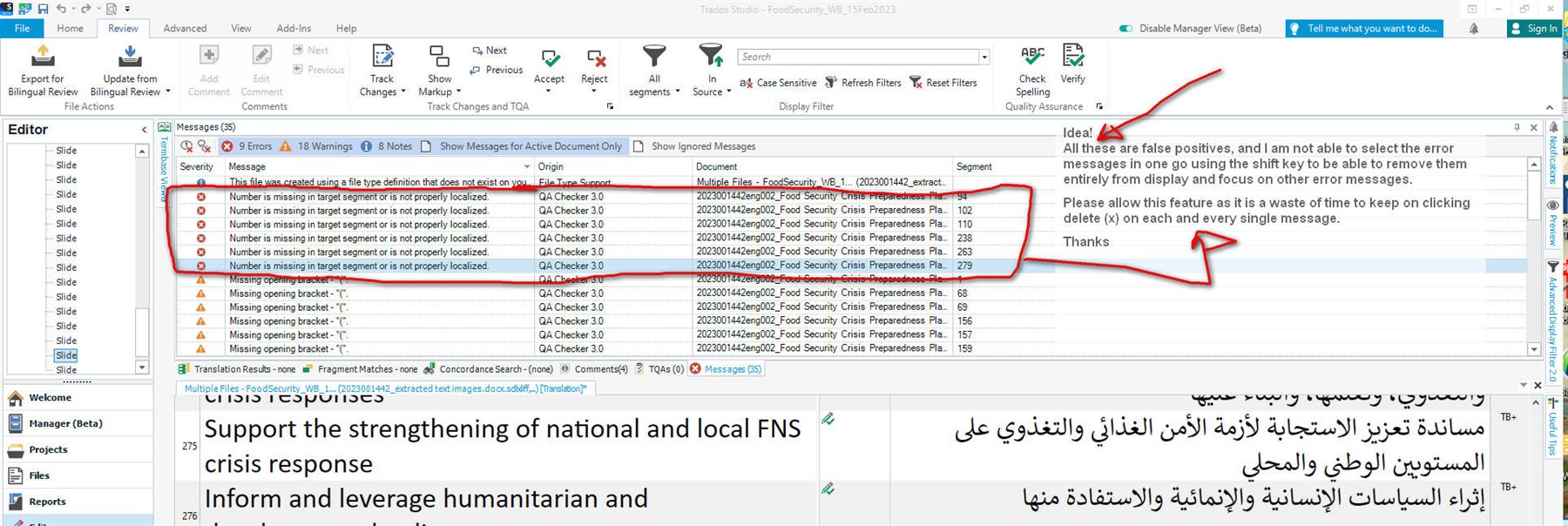 Screenshot of Trados Studio Ideas with an error message list, highlighting the inability to select multiple error messages at once for deletion. A user suggestion is included, requesting a feature to remove all false positive messages in one go.