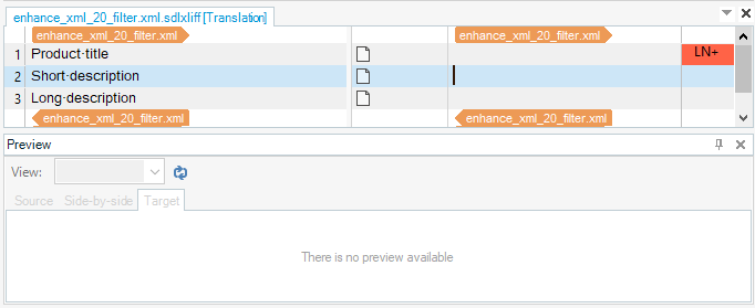 Trados Studio interface displaying the translation of 'Product title', 'Short description', and 'Long description' without a preview available.