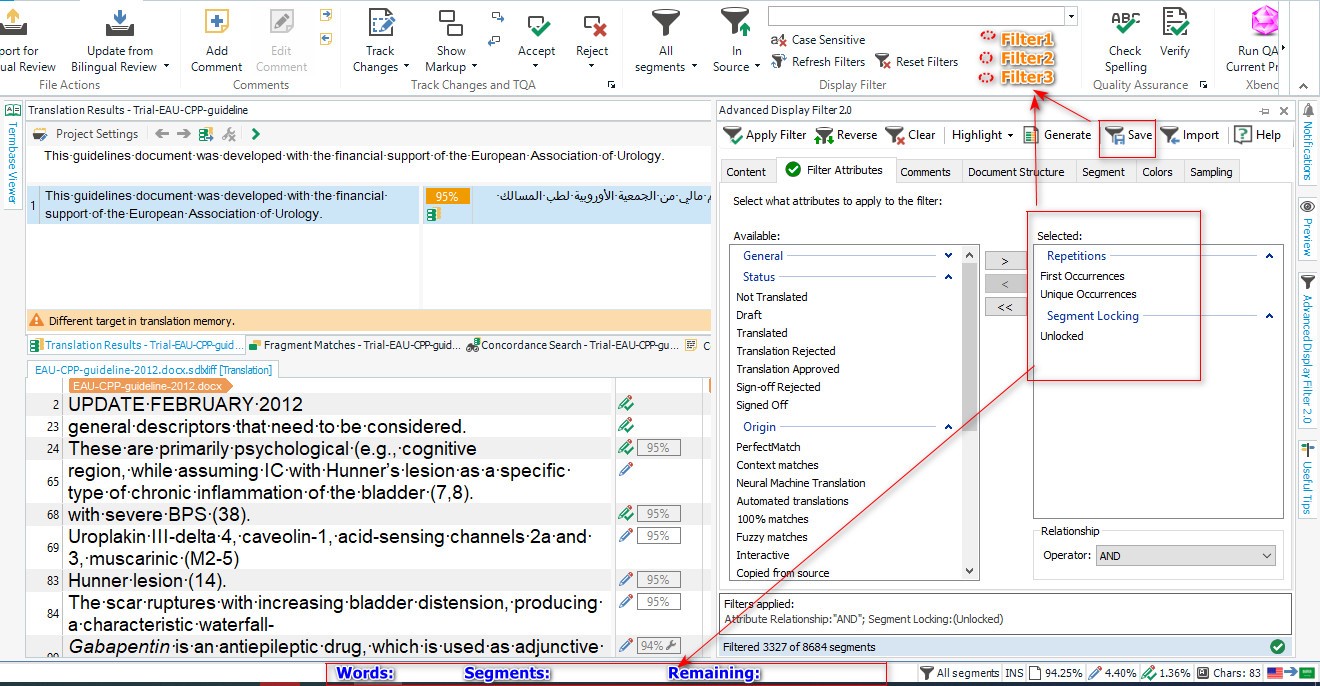 Screenshot of Trados Studio Ideas interface showing the ribbon with 'Filter1', 'Filter2', and 'Filter3' saved. Mouse hovers over 'Filter3' displaying filter components. Translation progress indicated at 95%.