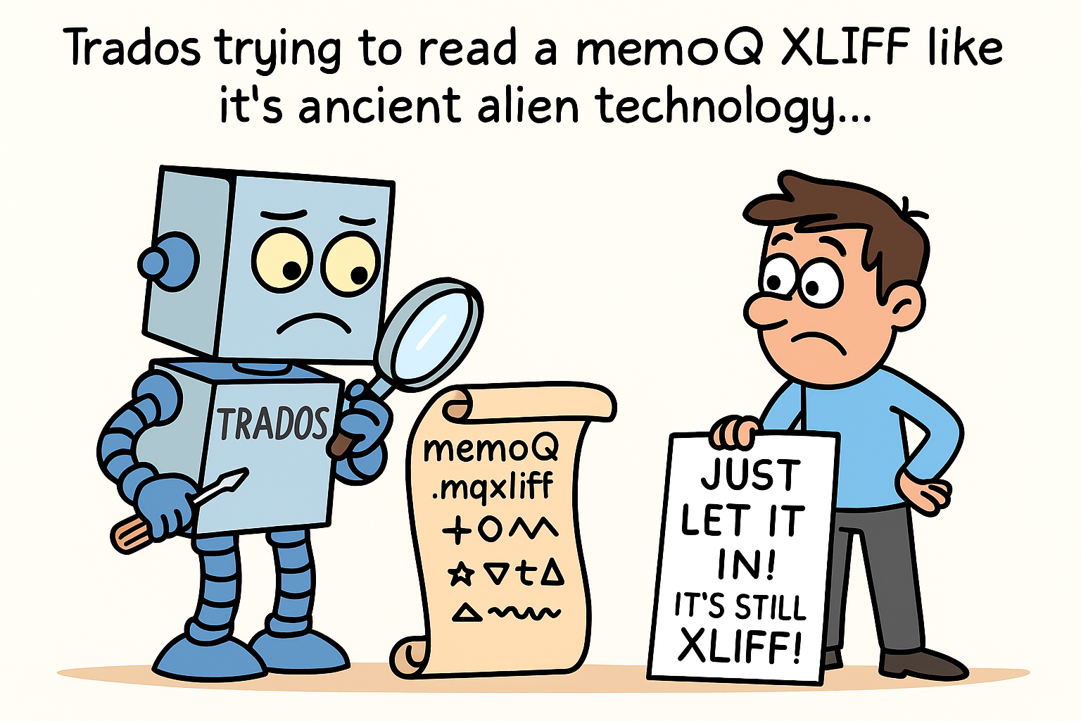 Cartoon of a robot labeled Trados examining a memoQ XLIFF scroll with confusion, while a man holds a sign saying 'Just let it in! It's still XLIFF!'