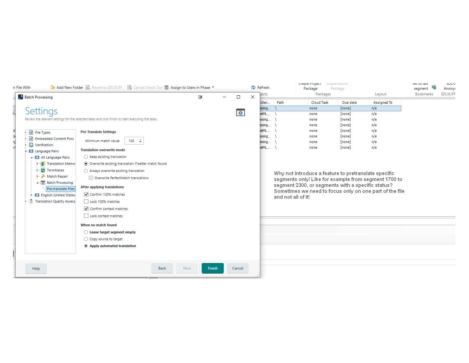 Screenshot of Trados Studio Ideas showing Batch Processing settings with options for File Types, Pre-Translate Settings, and a user suggestion to introduce a feature for pretranslating specific segments.