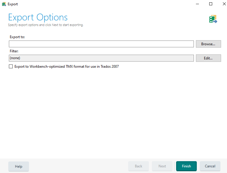 Trados Studio Export Options dialog with empty 'Export to:' field, 'Filter:' field set to (none), and an unchecked option to 'Export to Workbench-optimized TMX format for use in Trados 2007'.