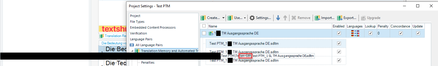 Screenshot of Trados Studio Ideas interface showing project settings with a list of Translation Memories (TMs) named 'Test PTM_1', 'Test PTM_1_en-GB' and 'Test PTM_1_DE'. Language flags indicate German and British English.