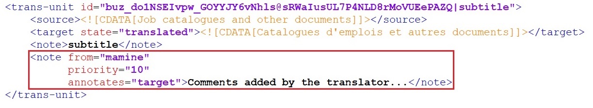 Screenshot of Trados Studio Ideas showing a trans-unit XML element with source and target elements. A note element is highlighted indicating a translator's comment with attributes from, priority, and annotates.