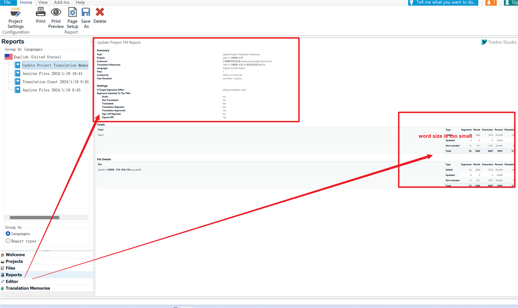 Screenshot of Trados Studio Reports section with a zoomed-in view on the 'Update Project Translation Memory' report showing small font size in the details pane.