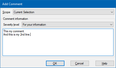 Trados Studio 'Add Comment' dialog box with 'Scope' set to 'Current Selection', 'Severity level' set to 'For your information', and a multi-line comment entered in the text box. The 'OK' button is highlighted.