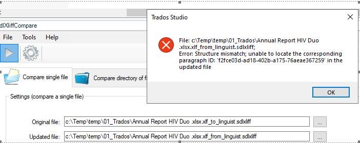 Error dialog box in Trados Studio titled 'xliffCompare' showing a structure mismatch error for a file named 'Annual Report HIV Duo_xliff.xlf from_linguist.sdlxliff'. It indicates the inability to locate the corresponding paragraph ID in the updated file.